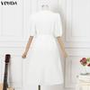VONDA Women Casual V Collar Loose Half Sleeve Bow Knot Slim Waist Pleated Dress