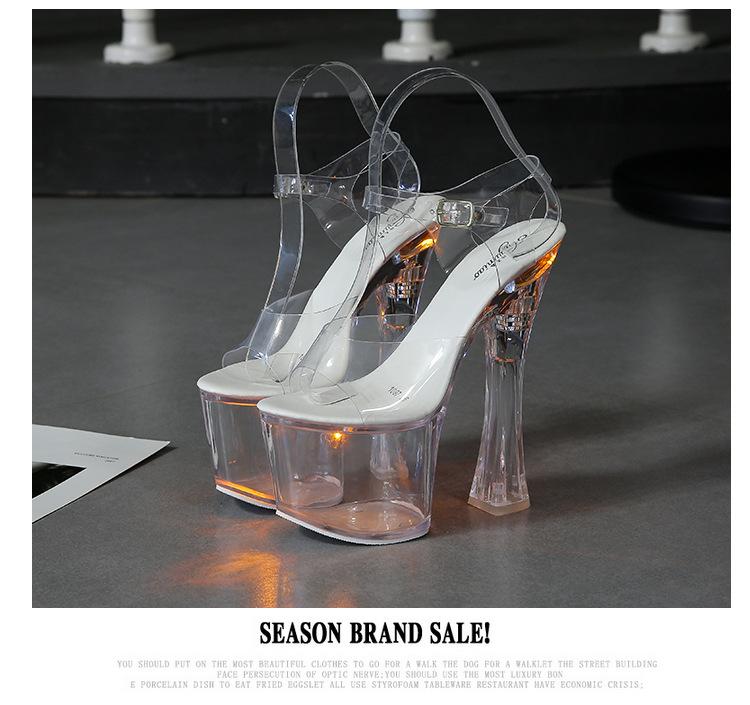 Damesandaler med LED-lys Gjennomsiktig hæl Størrelse 34-43 Tykk Høy Nattklubb Lysende Damesko Showdans Krystallsåler LFD