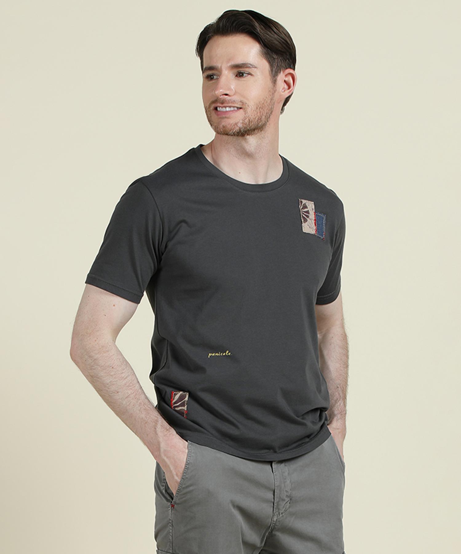 Panicalle Charcoal Cotton Patchwork Logo T-Shirt Charcoal/S