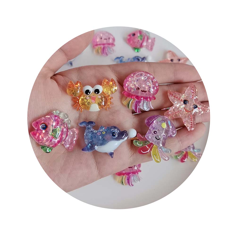 100pcs Kawaii Cartoon Glitter Flatback Resin Cabochons Ocean Sea Animals Embellishments for Scrapbooking Jewelry Figurines