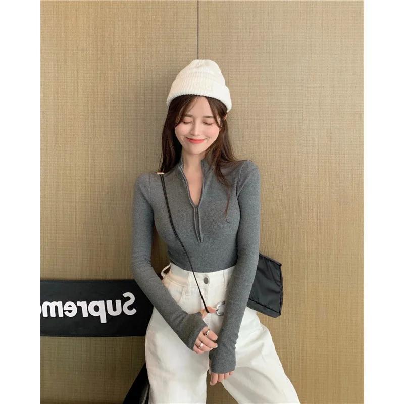 WTEMPO Elegant High Neck Half Zipper Front Knitted Sweater Women Solid Basic Cropped Pullover Summer Spring Fashion Clothing Sweater