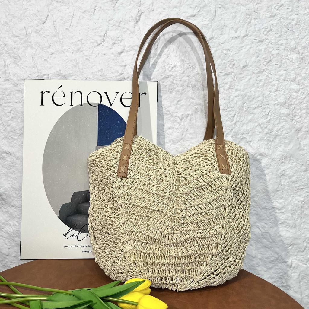 Straw Beach Bag Vintage Handmade Woven Shoulder Bag Raffia Circle Rattan Bags Bohemian Summer Vacation Casual Bags