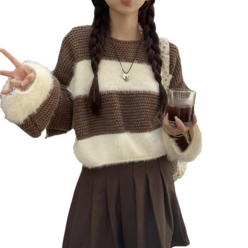 Imitation mink splicing striped contrasting color knitted sweater women's clothing autumn new soft waxy design sense retro loose sweater women