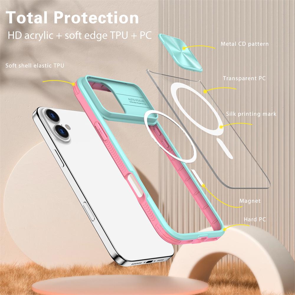 Slide Camera Lens Protection Clear For Magsafe Phone Case For 17 16 15 14 13 12 11 Pro Max Magnetic Wireless Charge Cover