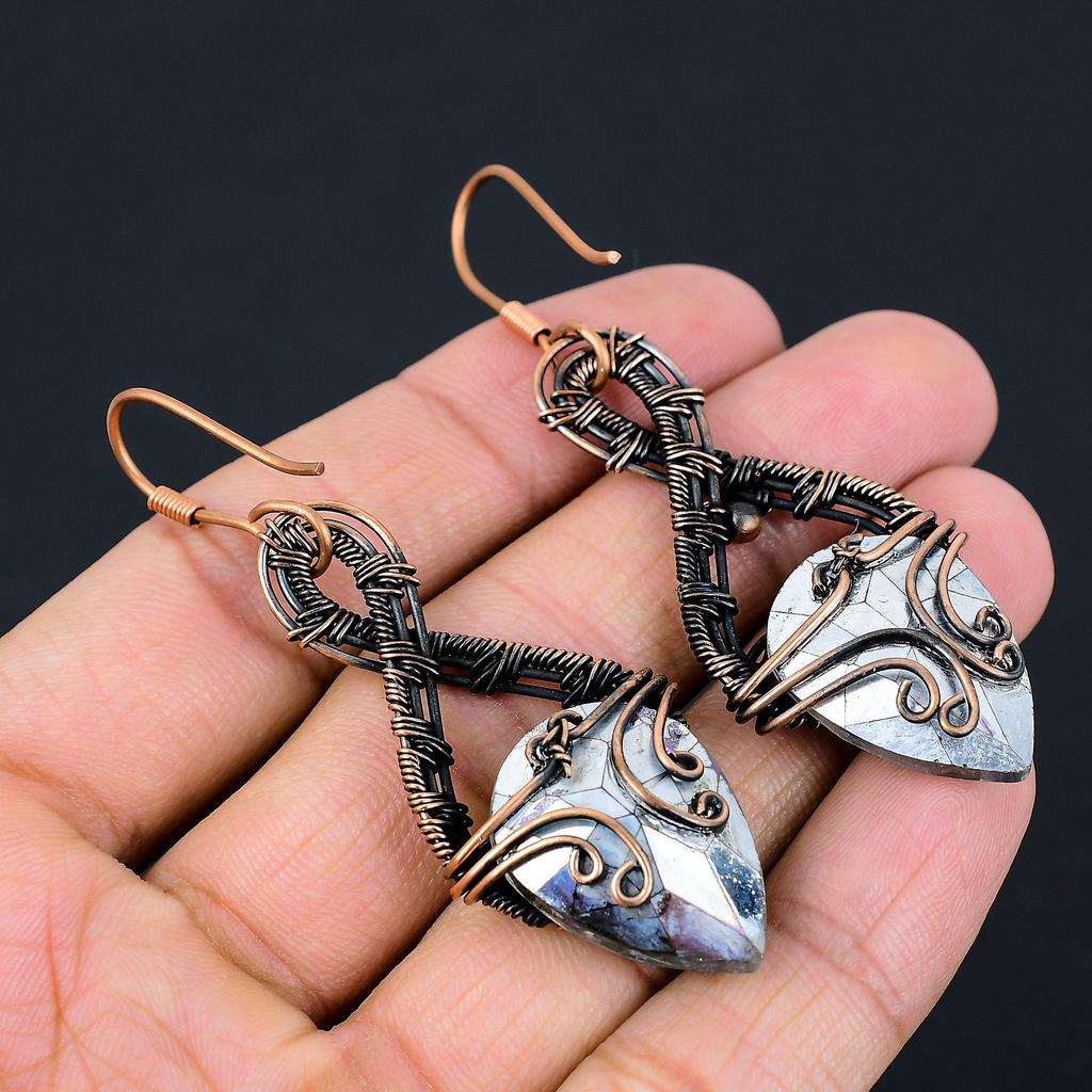 Natural Mystic Topaz Gemstone Handmade Copper Wire Wrap Earring 2.76 w4M85
