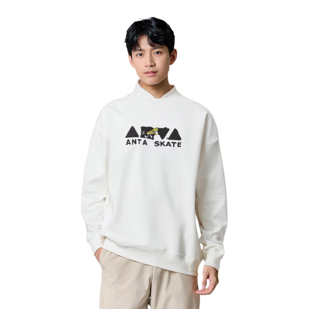 Anta Lifestyle Series National Trend Print Relaxed Round Neck Casual Long Sleeve Sweatshirt Men Sweatshirt Ivory 152448713N-1