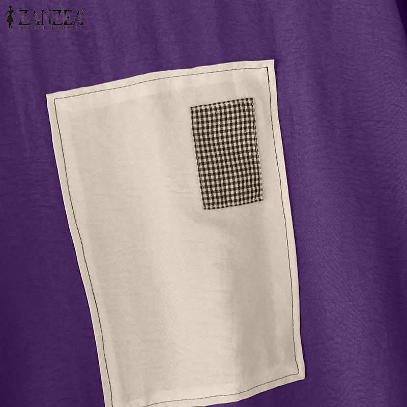 ZANZEA Dámská ležérní halenka s dlouhým rukávem a volným patchworkem do O