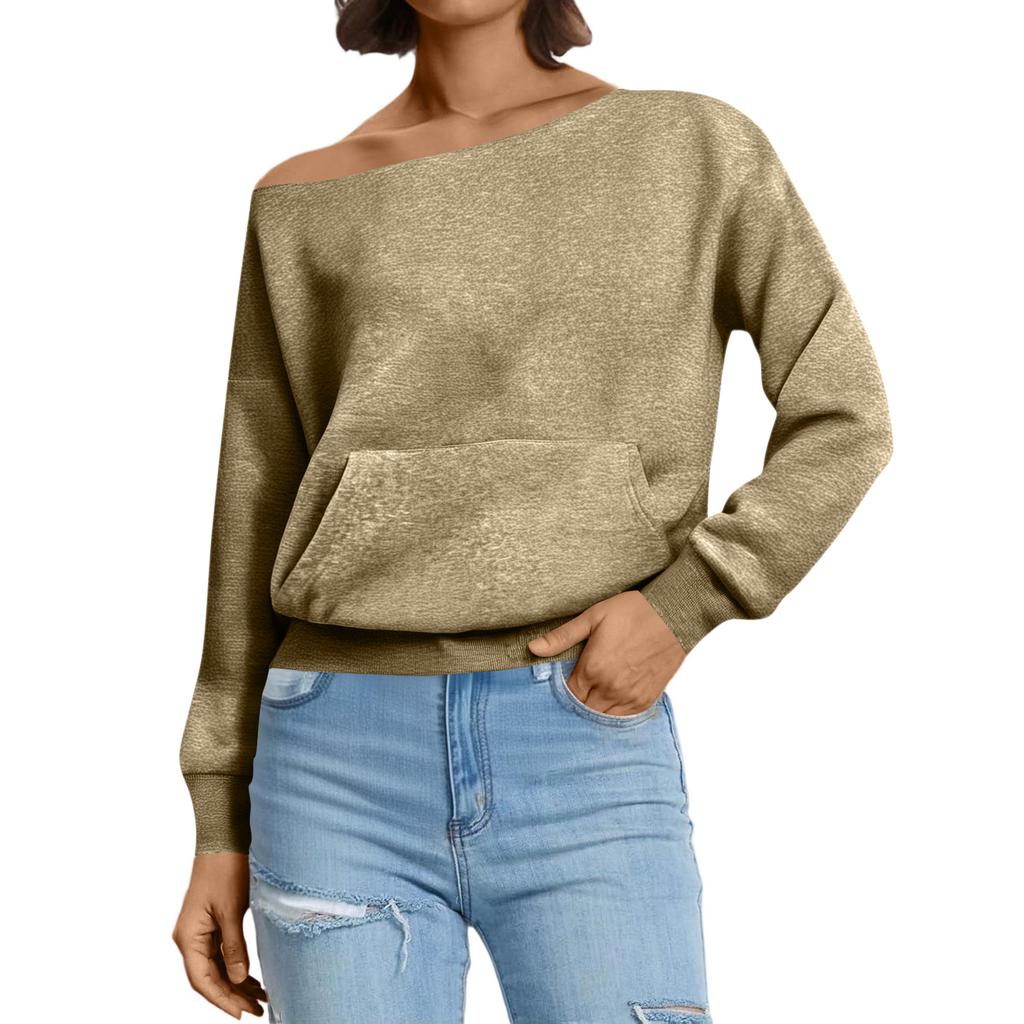 Women's Casual Fashion Solid Color Off-shoulder Long-sleeved Loose Sweatshirt With Pockets