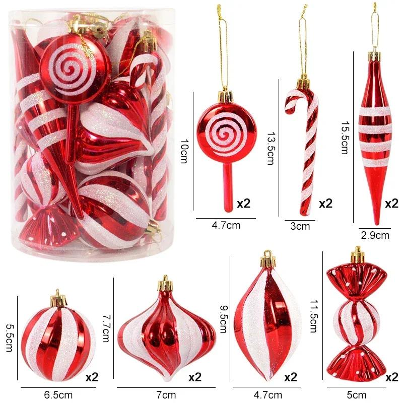 

14PCS Glitter Decor Set - Colorful Candy-Shaped Balls & Red New Year/Christmas Pendants, Festive Decoration Combination Bucket