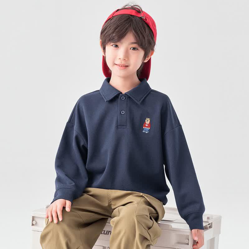 Boys' Embroidered Bear Long Sleeve Polo Shirt