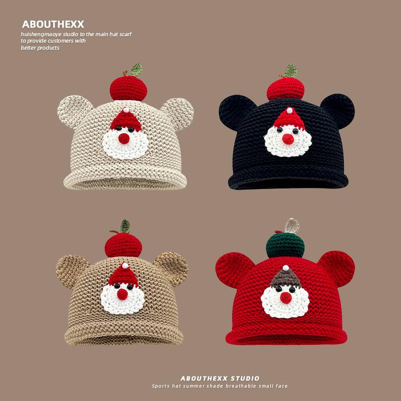 Cute Bear Apple Knitted Hat for Women New Autumn and Winter Warm and Versatile Pullover Hat Showing Face Small Woolen Hat