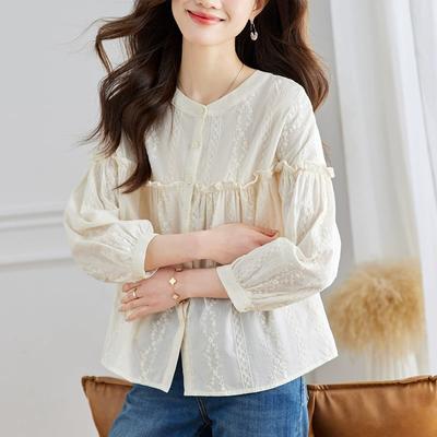 Herbst Neuer Stil Schwarze Ohren Laternenärmel Top Rundkragen Hemd Aprikosenfarben Besticktes Hemd Damen Langarm Dame