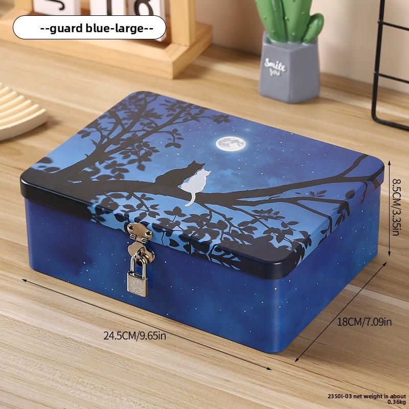 Retro Tinplate Box with Lock Key, Desktop Storage Box, Cosmetics, ID Storage, Household Jewelry Empty Box.