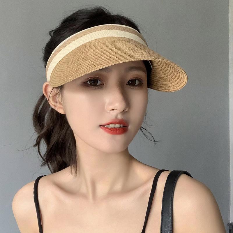 New Summer Raffia Straw Sun Protection Hat Open Top Straw Hat Striped Versatile Uv Protection Women'S Casual Baseball Cap