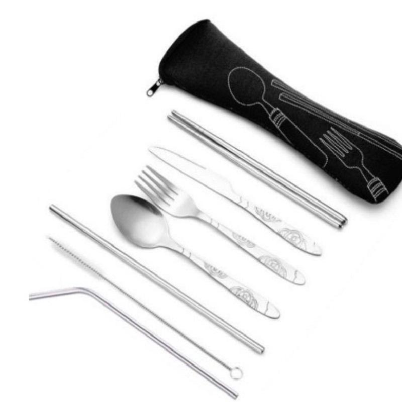 7Pcs/3Pcs Set Dinnerware Portable Printed Knifes Fork Spoon Stainless Steel Family Camping Steak Cutlery Tableware with Bag