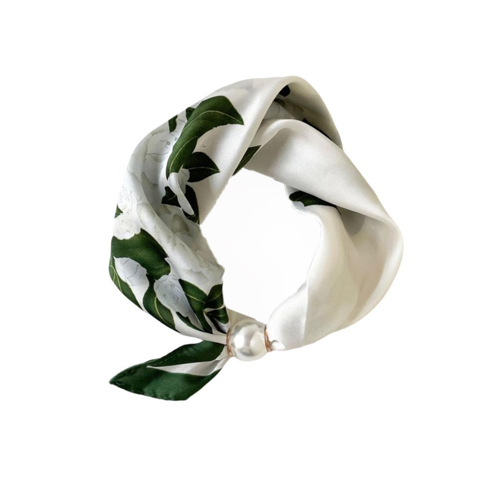 Breathable Silk Scarf Lightweight Printed Neck Scarf Elegant Pearl Buckle Scarf  Women