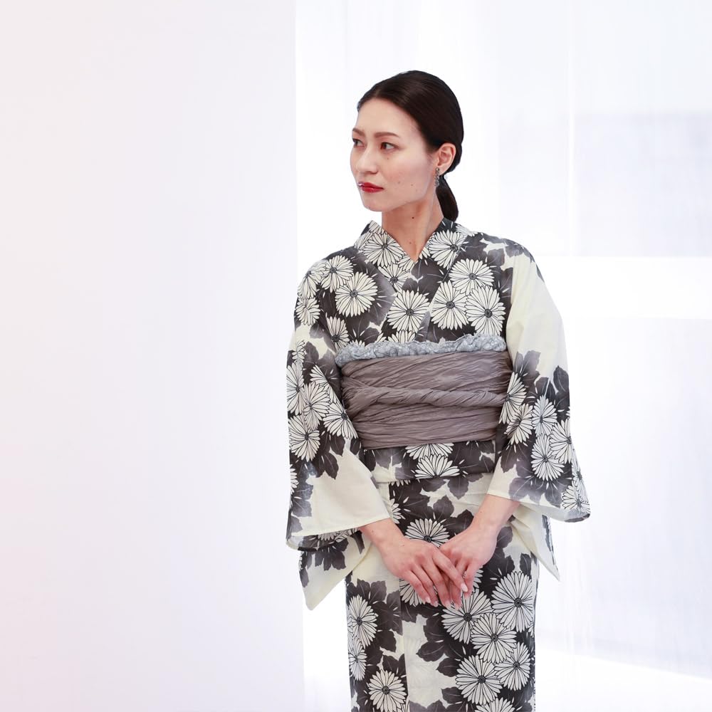 [Kyoto Kimono Yuzen] Women's Yukata Set with Heiko Obi (2-piece set) - Black with Floral Pattern on White Background - Modern Yukata (Black