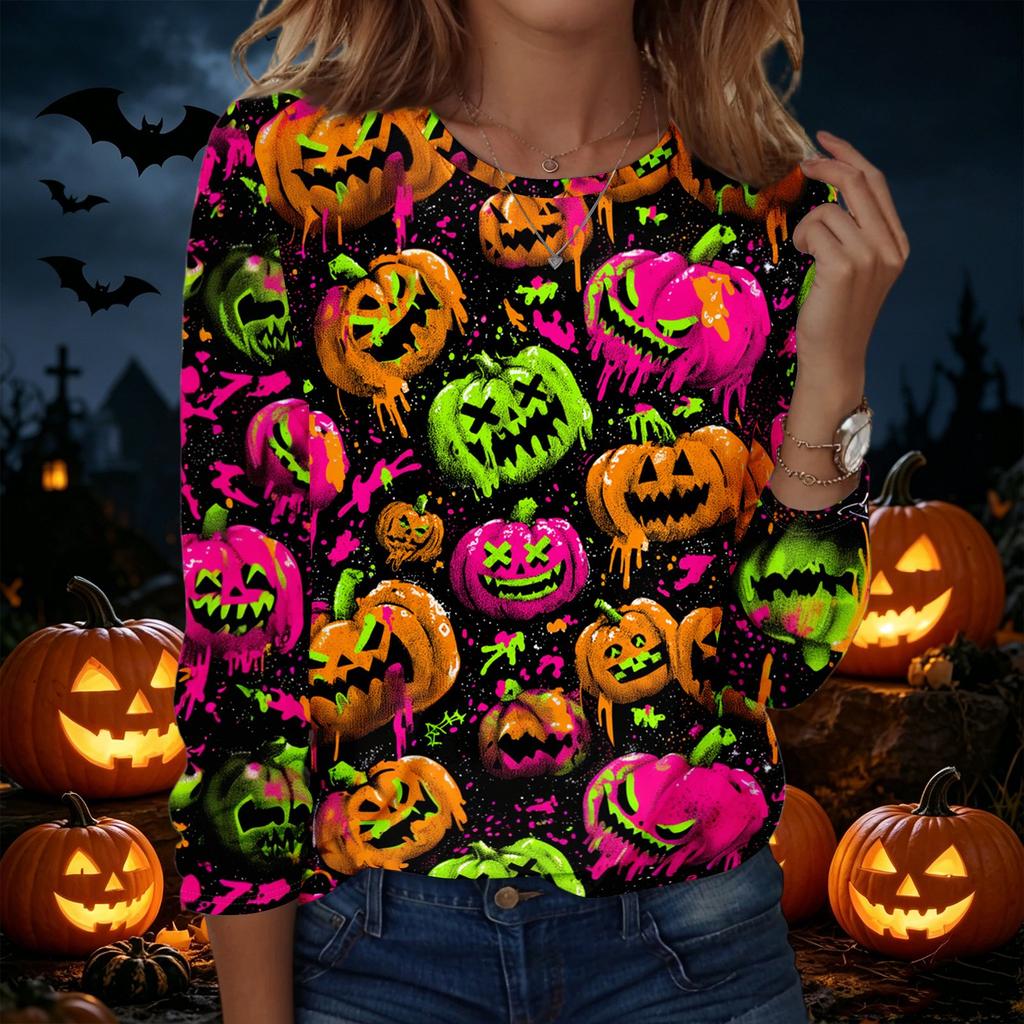 Women's Halloween Print Pullover Sweatshirt Crew Neck Long Sleeve Casual Loose Fit Top for Fall and Winter