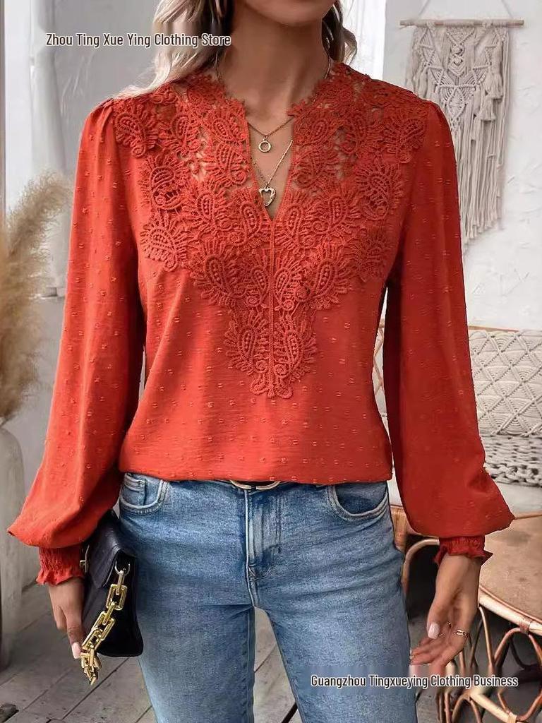Autumn/Winter V-Neck Lace Long Sleeve Casual Solid Color Women's Top