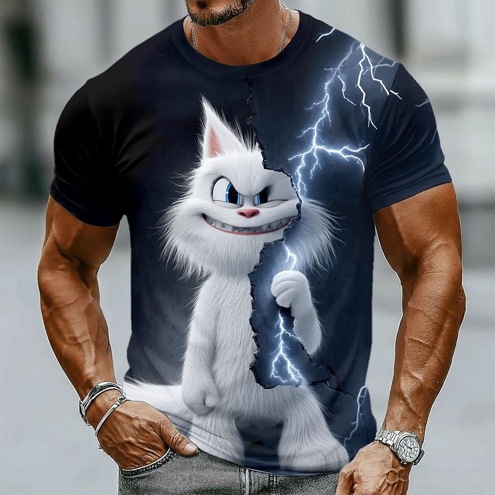 Men's Cat 3D Funny T Shirt Short Sleeve T shirt 3D Print Crew Neck Shirt Exaggerated Designer Party Holiday Blue Black 1 Black