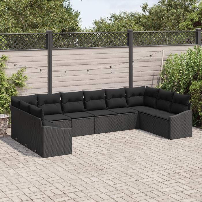 VidaXL Ensemble de salle à manger de jardin de 10 pièces avec coussins en poly rotin noir 3355572