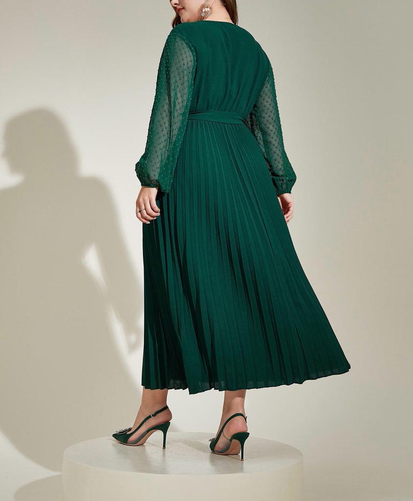 Plus Size Tie-Waist Patchwork Pleated Dress - Elegant Spring/Autumn Long Sleeve Style