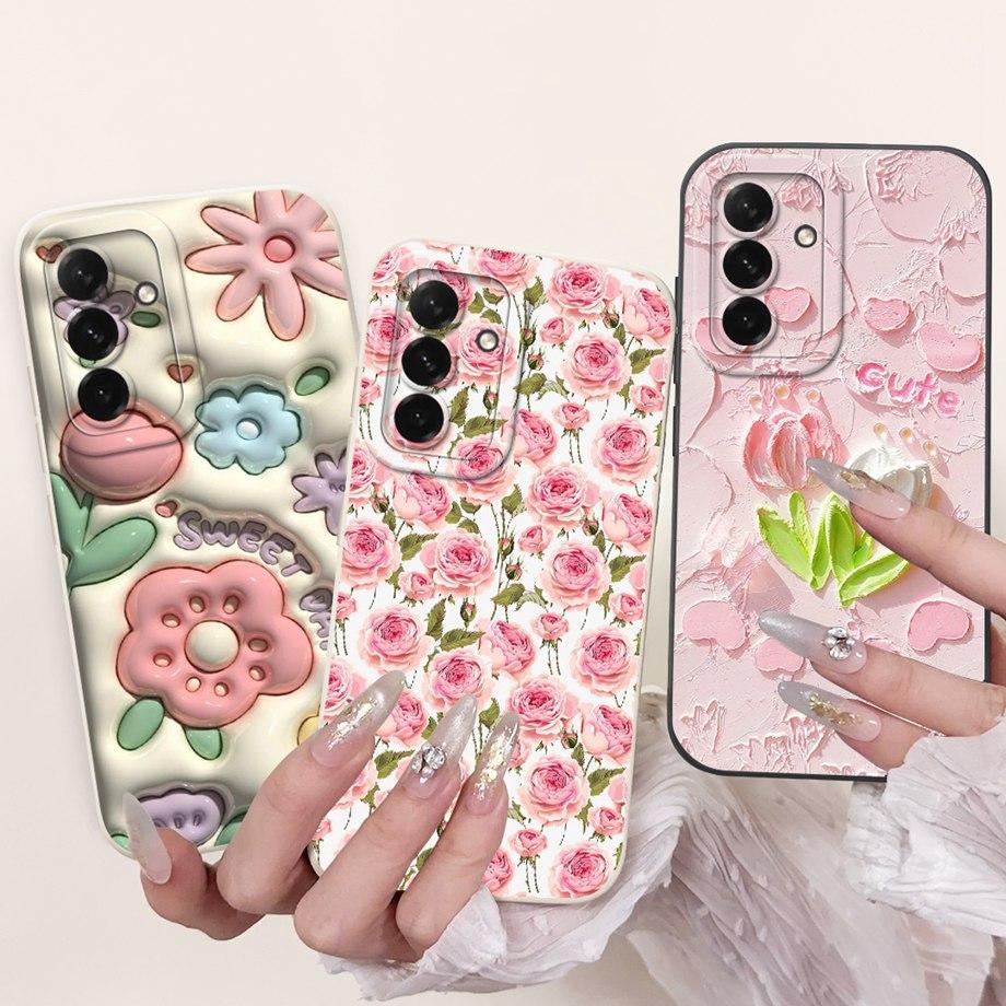 For Samsung Galaxy A56 A36 A26 5G Phone Case Soft Matte Liquid Silicone Back Cover Love Heart Girly Flower Painting Fundas