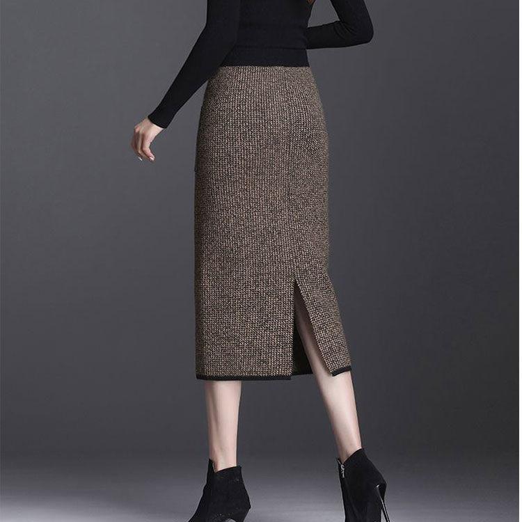 Autumn Winter Women's Midi Knitted Skirt Female Skirt High Waist Thicken Pockets Slim One Step Hip Skirt