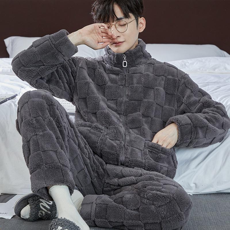 Men's Autumn Winter Flannel Pajamas, Stand Collar, Zipper, Outdoor-Ready Coral Fleece Homewear