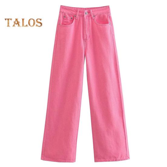 Women Jeans Straight Wide Leg High Waist Solid Color Loose Pockets Button Zipper Closure Retro Floor Length Streetwear Long Trousers