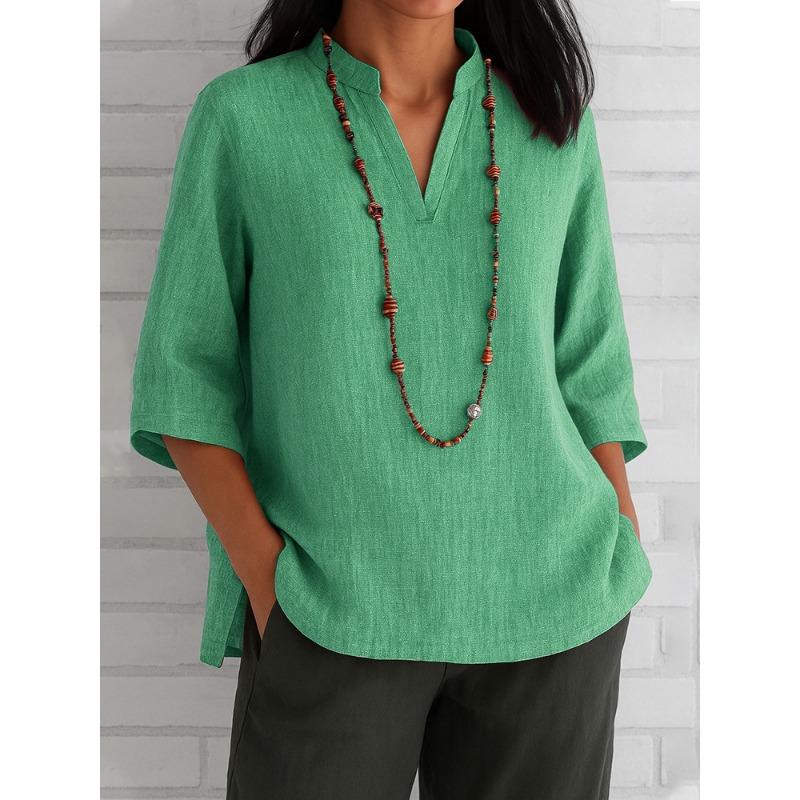 Women V Neck Three Quarter Sleeve Loose Casual Summer Blouse Shirt