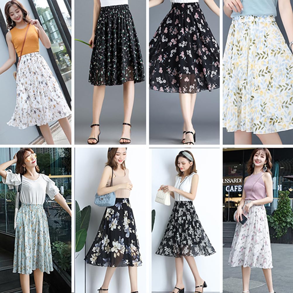 KANO SEIKA Chiffon Flared Floral Plus Loose Elastic Going Free Black Women's Skirt, Knee-Length, Print, A-Line, High-Waist, Sizes, Fit, Waist, Casual,