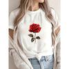 White T Shirt With Red Rose Print For Casual Wear