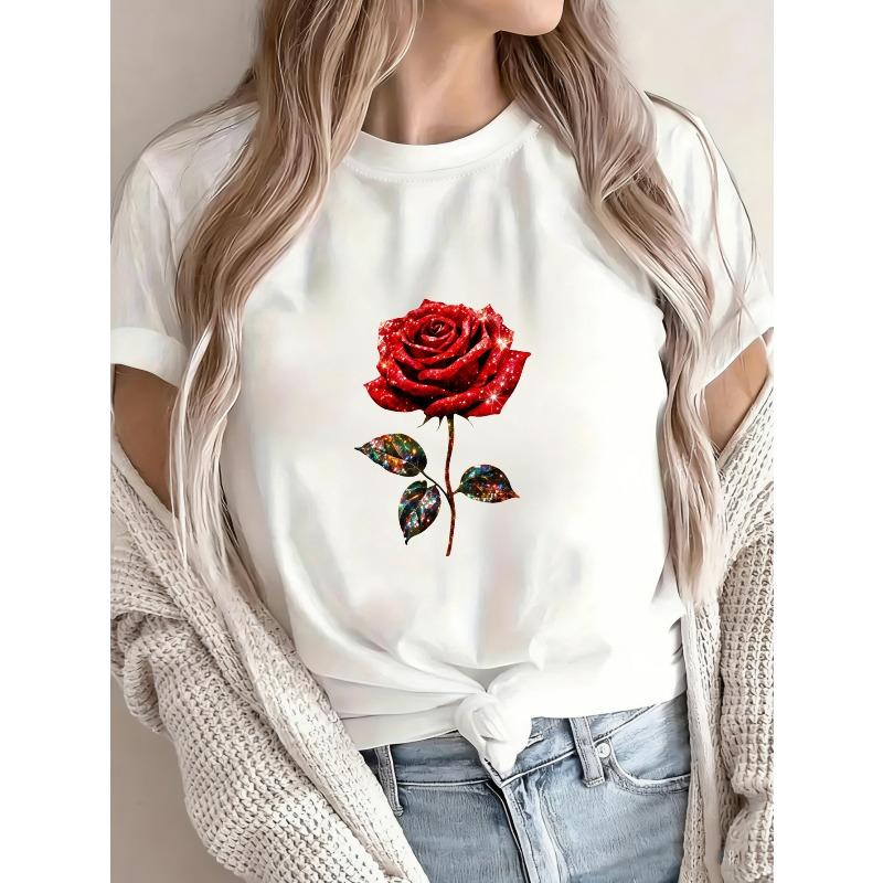 White T Shirt With Red Rose Print For Casual Wear