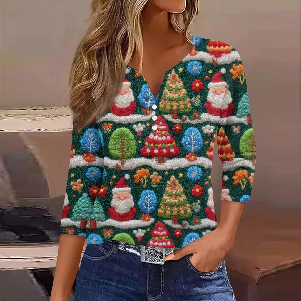 Damenmode Lässig Halloween Bedruckt V-Ausschnitt Kurzarm Zierknopf Dreiviertelarm T-Shirt Top