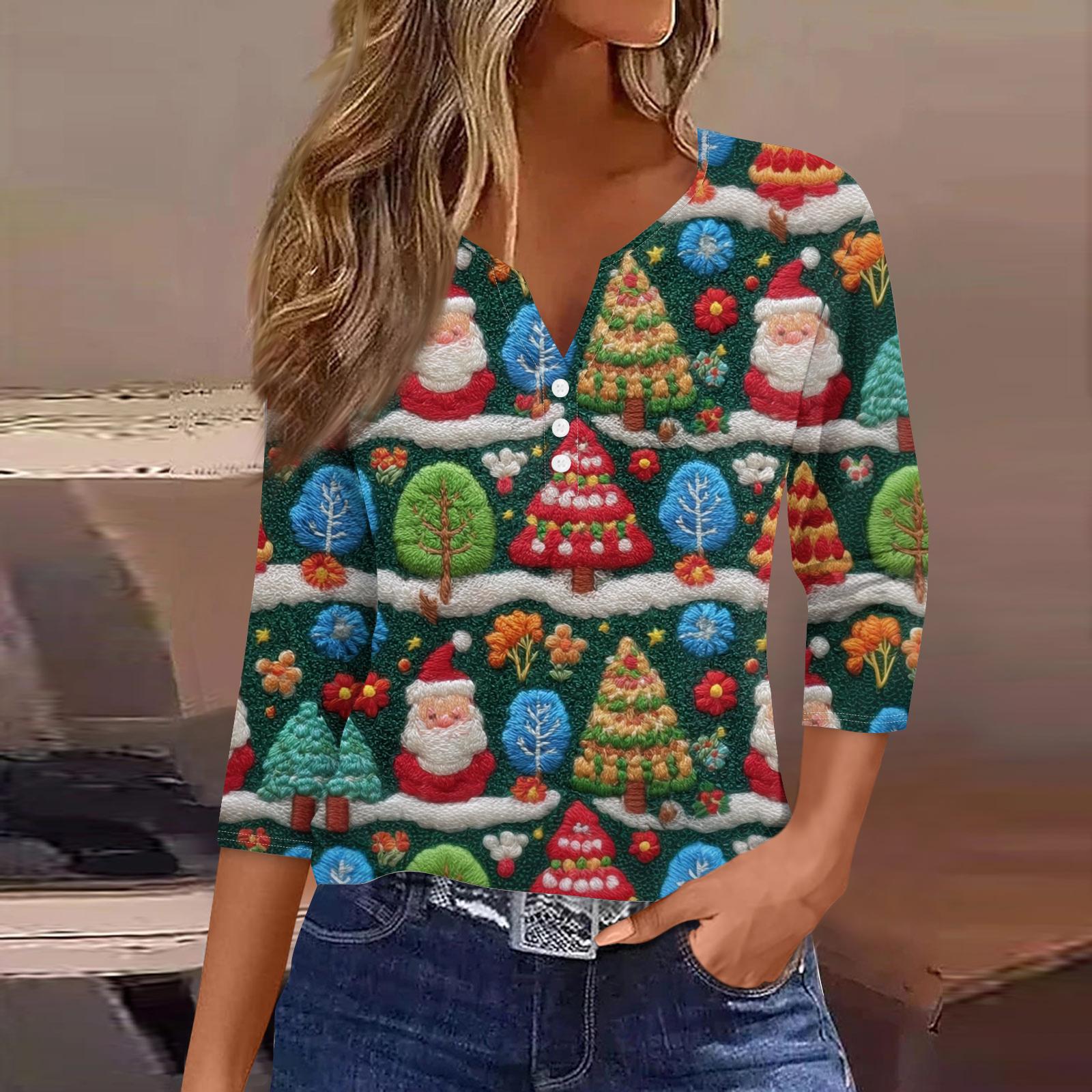 

Женская мода Повседневная футболка с принтом на Хэллоуин, V-образным вырезом, коротким рукавом, декоративными пуговицами, рукавом три четверти XL