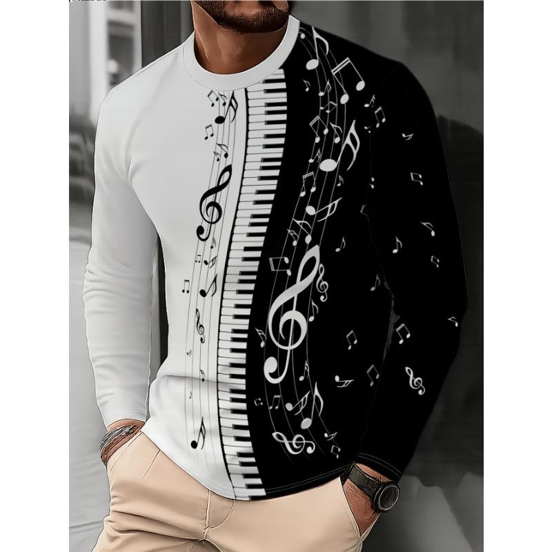 Men's Piano Keyboard & Music Print Shirt - Long Sleeve Round Neck Casual Top with Piano Key