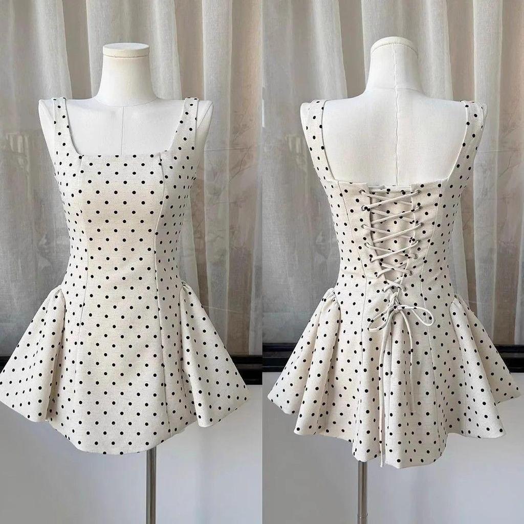 Korean-Style Polka Dot Square Neck Summer Dress with Tie-Up Patchwork