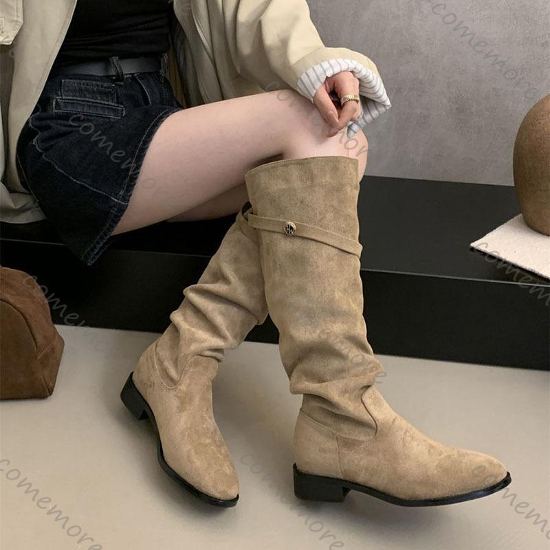 Fashion Comemore Suede Knight Boots Women 2025 New Autumn Retro Pleated Fashion Chunky Heeled Shoes for Women Solid Long Botas Femininas