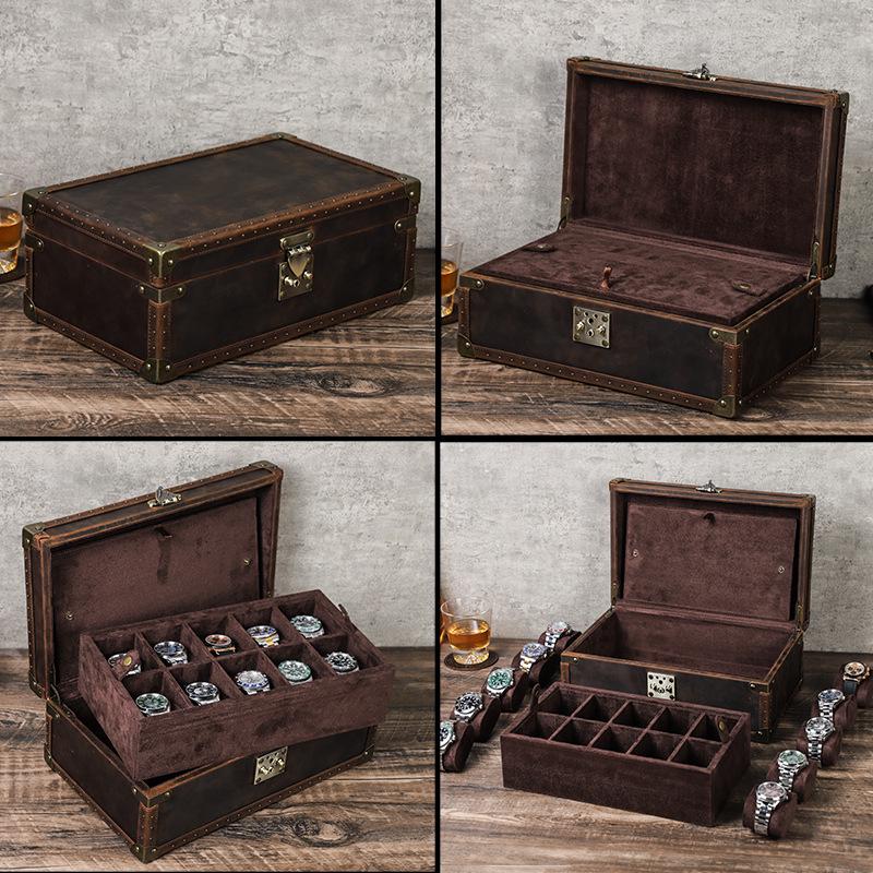 Handmade Retro Crazy Horse Leather Watch Display & Collection Box - Ten-Slot Drop-Proof Design