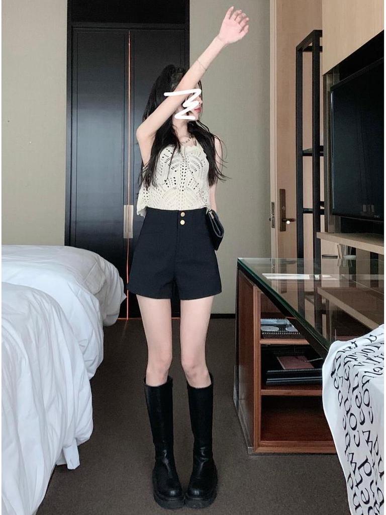 Women's Black High-Waisted Summer Casual Booty Shorts - Sexy, Elastic, Hip-Hugging, Petite Fit