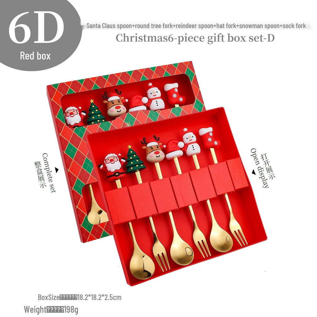 Cross-Border Christmas Stainless Steel Fork & Spoon Gift Set - Reindeer & Snowman Cartoon Pattern Dessert Gold Cutlery