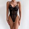 Europäischer und Amerikanischer Stil Sexy Damen Bodysuit Set: Netzstoff durchsichtig, tiefer V-Ausschnitt, doppelte Spaghettiträger, einfarbig.