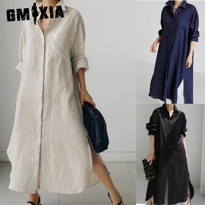 Women's Casual Loose Turn-Down Collar Long Sleeve Shirt Dress