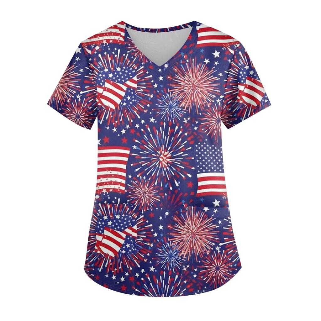 Ladies' Independence Day printed fashionable V-neck pocket short sleeved uniform and caregiver top