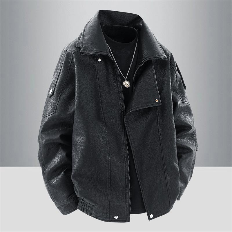 Pánská kožená bunda v americkém stylu na jaro a podzim s klopami a nářadím