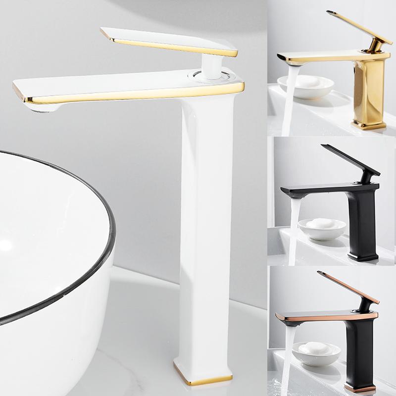 White Brass Basin Faucet Bathroom Sink Faucets Hot Cold Water Mixer Crane Deck Mounted Single Handle Hole Bath Kitchen Taps