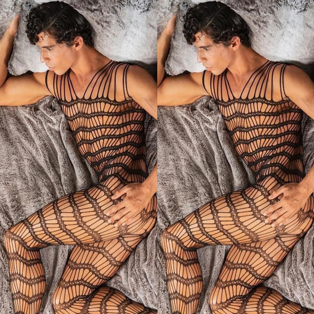 Hot Male Bodystockings Men's Transparent Erotic Bodysuits O Neck Long Sleeve Bodysuit Erotic Boyfriend Underwear Sleepwear