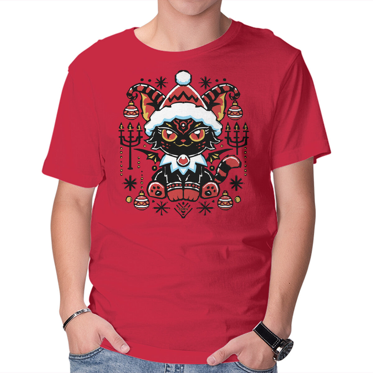 Unisex Crew Neck T-Shirt Black Cat Xmas Graphic Short Sleeve Casual Tee M