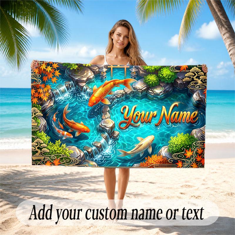 Koi Fish Theme Beach Towel Personalized Custom Name & Text Soft Quick Dry Beach Towel for Swimming Travel